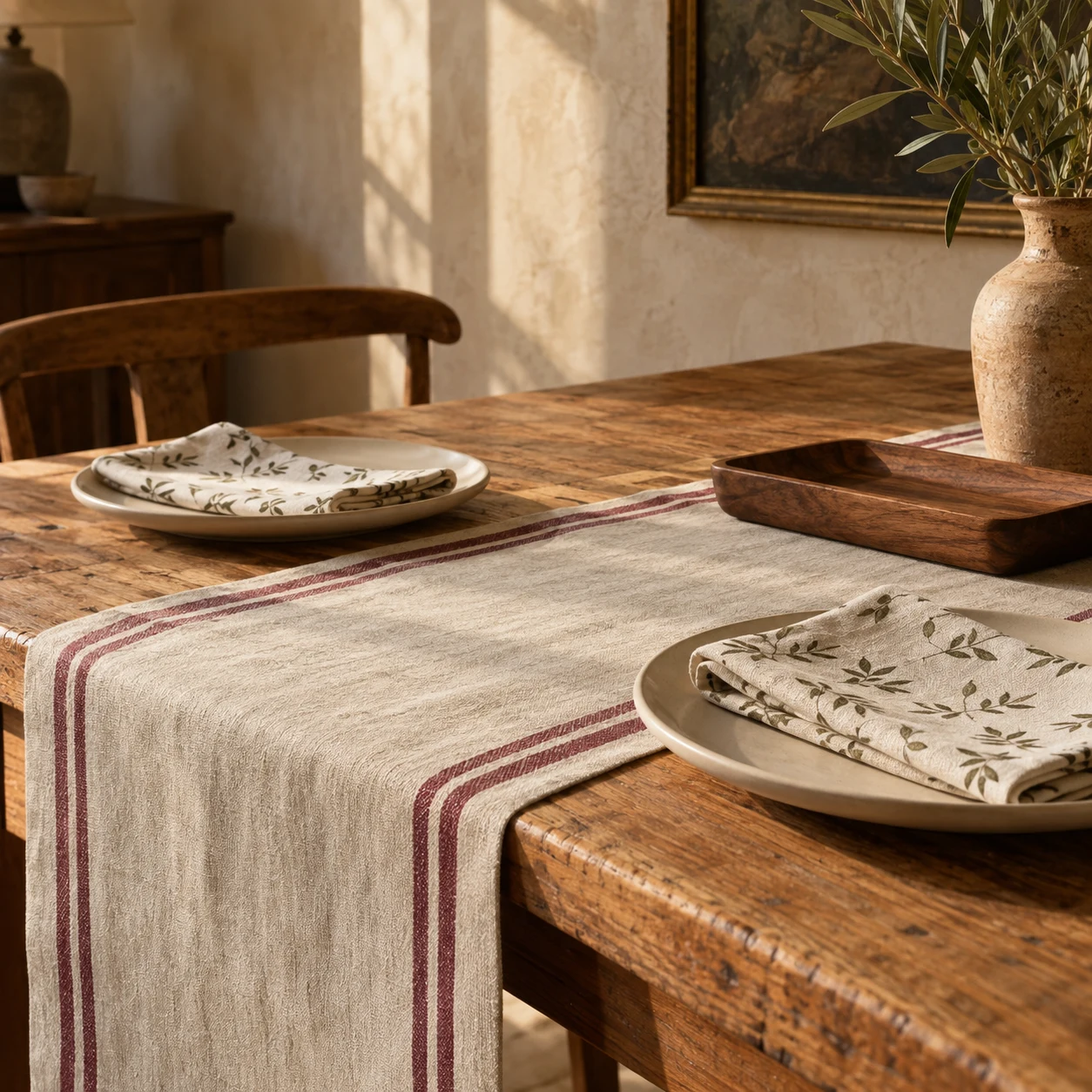 Warm table linens and natural textures
