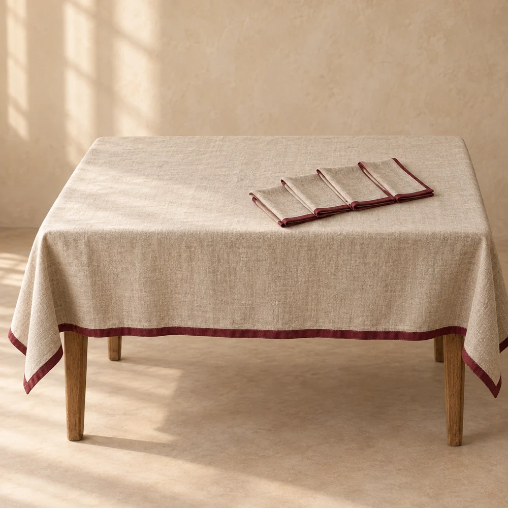 Evening Table Linen Set — Flax & Burgundy